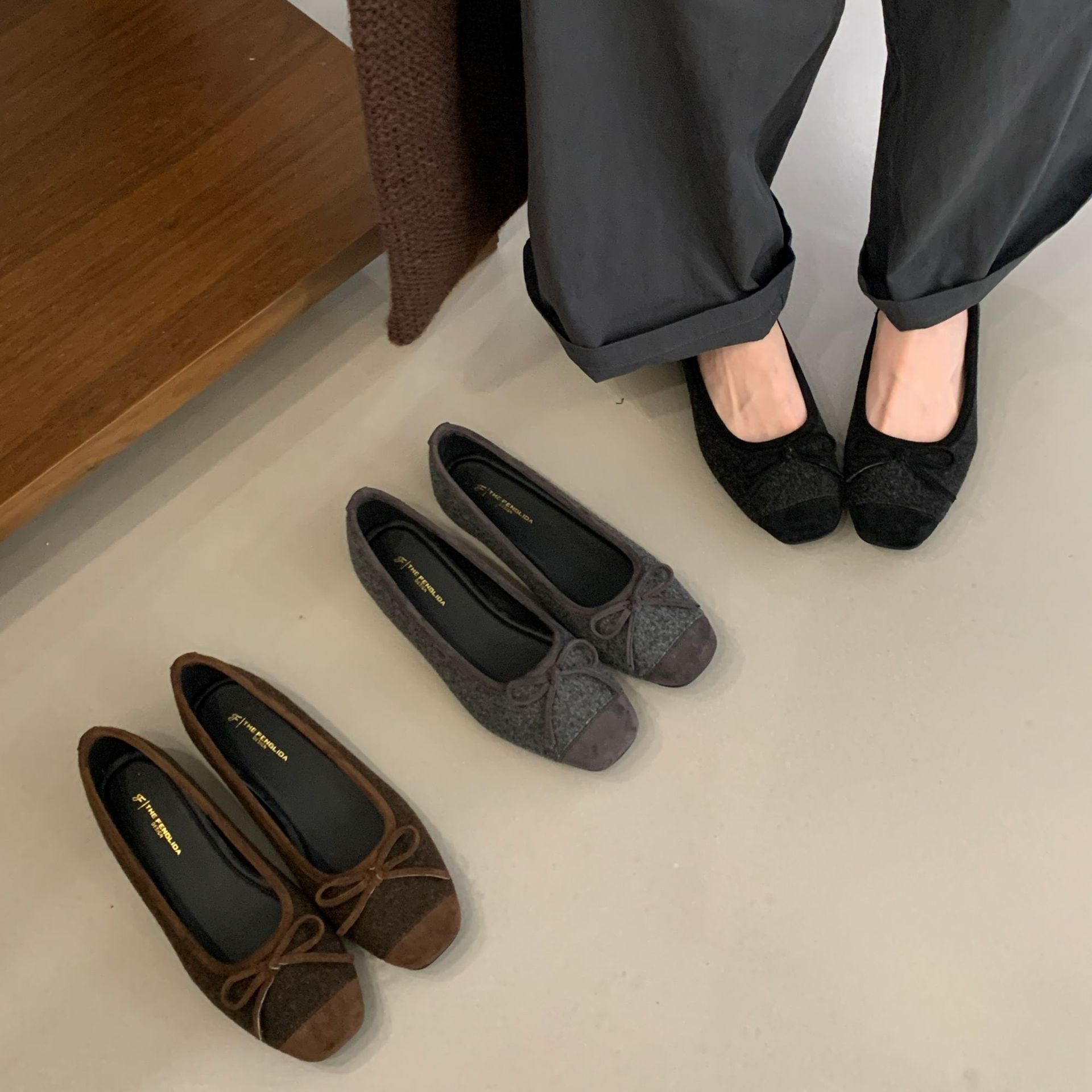 法式气质百搭方头浅口单鞋蝴蝶结简约毛呢一脚蹬软底女鞋潮007-7