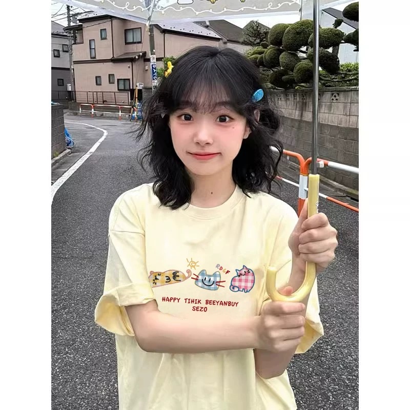 杏色甜美松弛感短袖T恤女春2025新款百搭宽松内外穿搭打底衫上衣