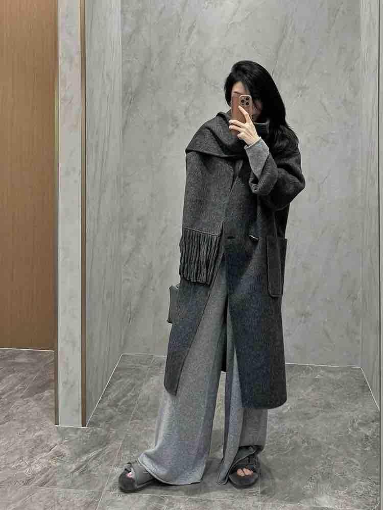 杨杨 813名媛范时髦牛角扣带围巾双面Y绒大衣外套