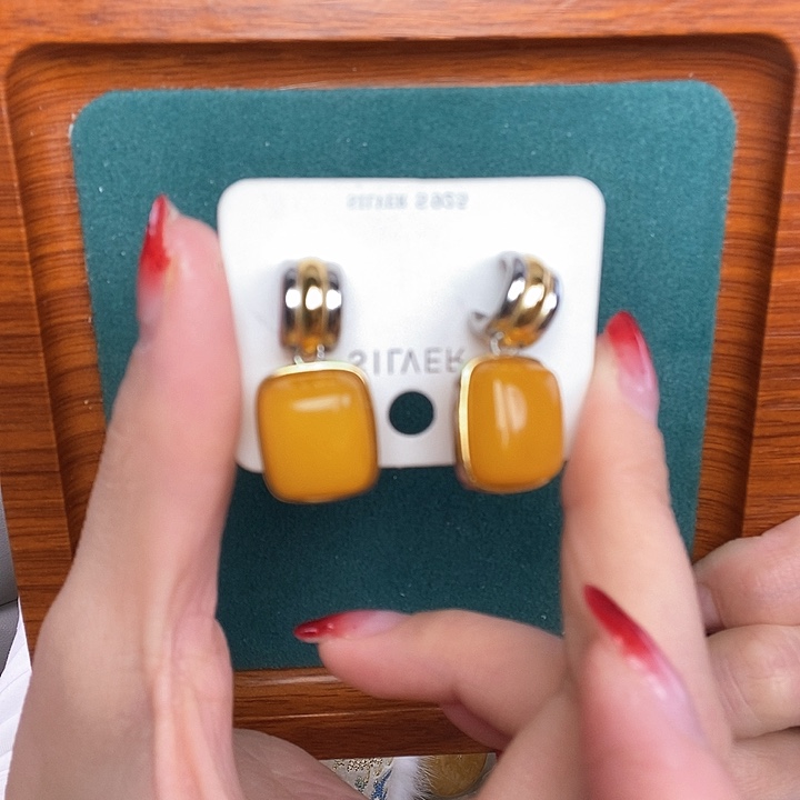 蜜蜡耳饰银S925镶嵌耳吊