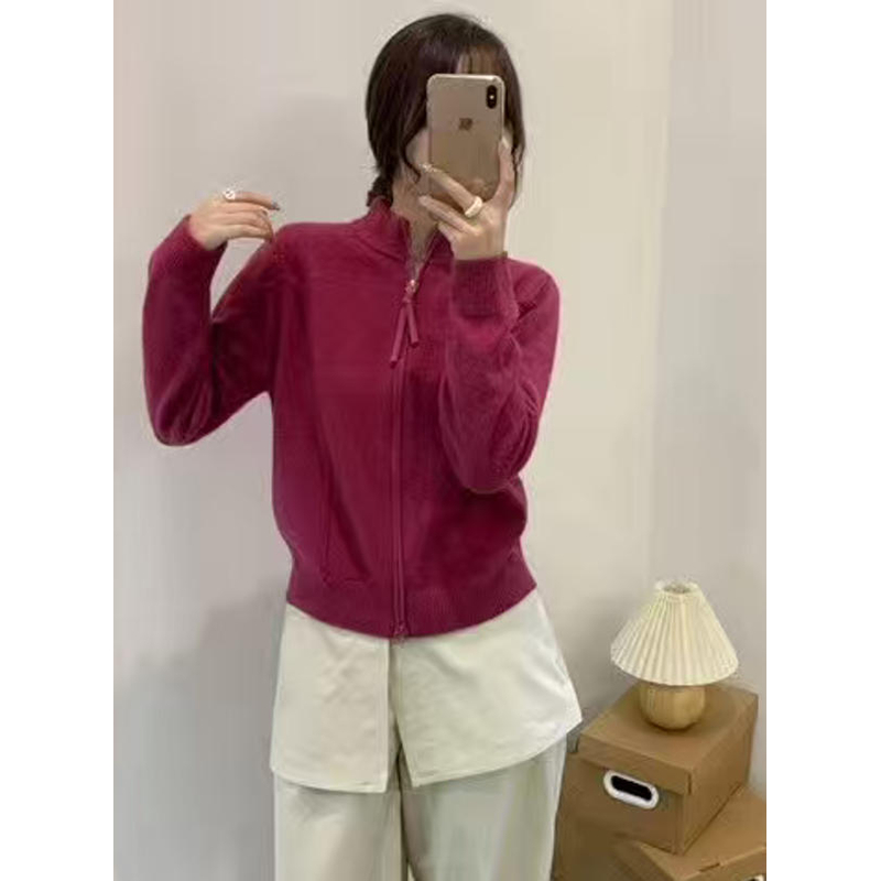 【线下同款】~高定款！双拉链圆领鱼骨纯色基础版针织毛衣开衫B1757