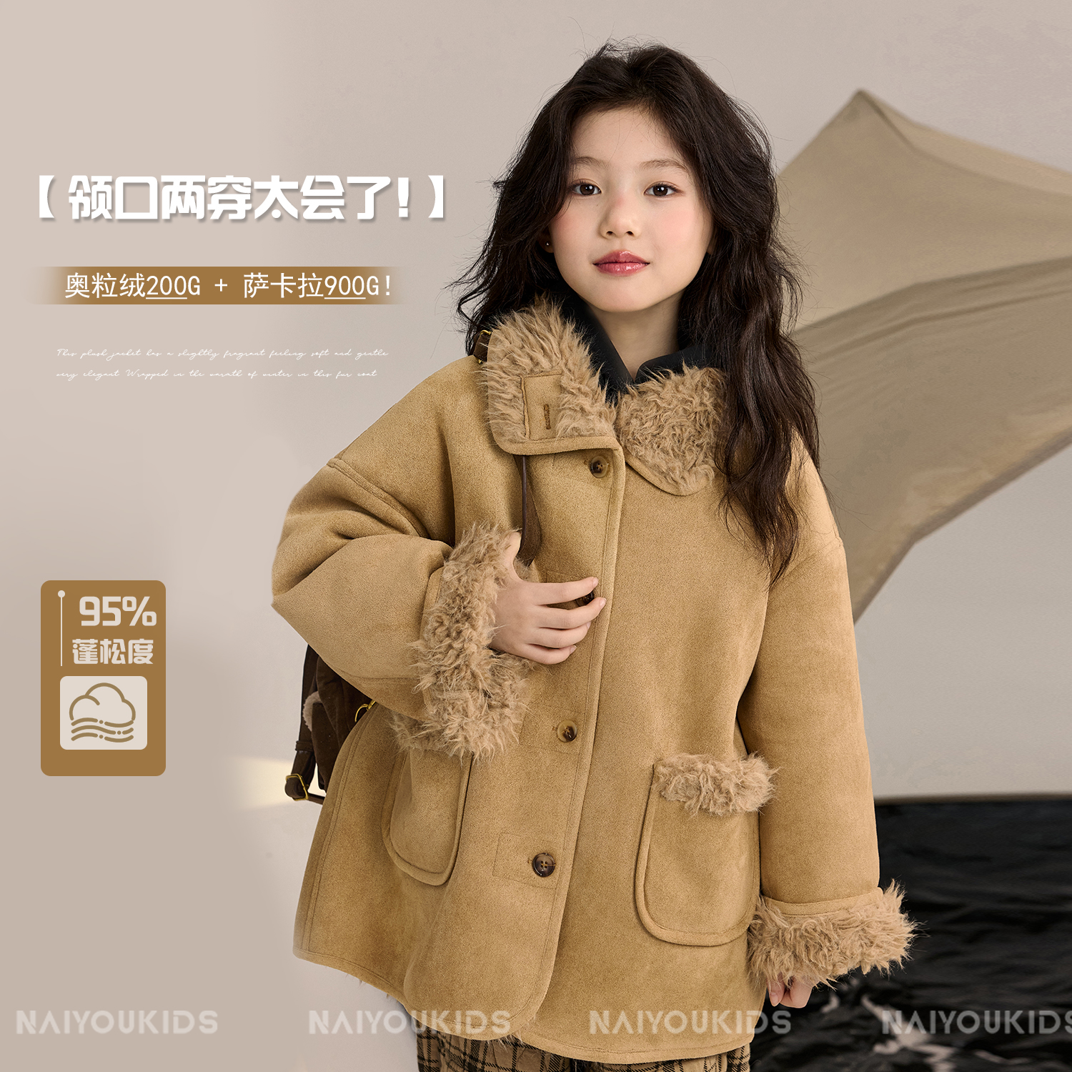 NAIYOUKIDS【毛盾】女童外套2025冬季加绒加厚美拉德新年大衣Y6694