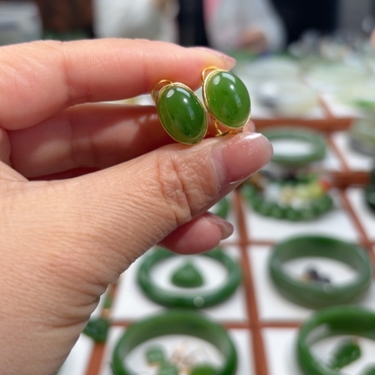 和田玉耳饰银S925镶嵌