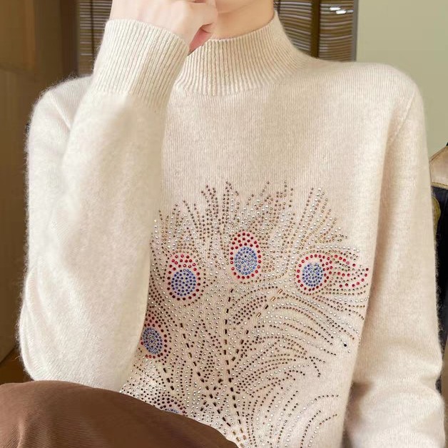 【秋冬新款】羽毛烫钻半高领女士羊毛针织打底衫内搭百搭