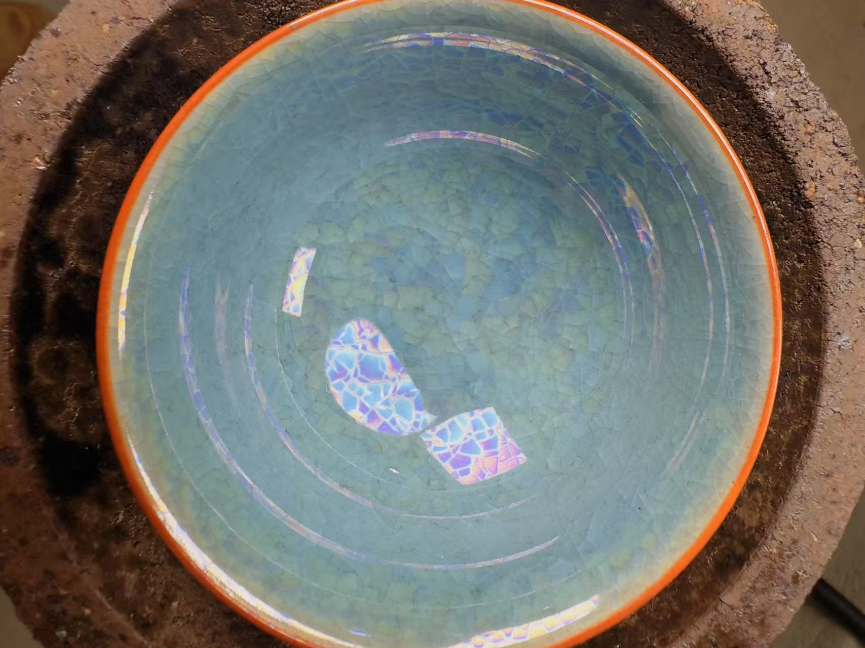 建窑建盏 七彩蓝冰裂盏