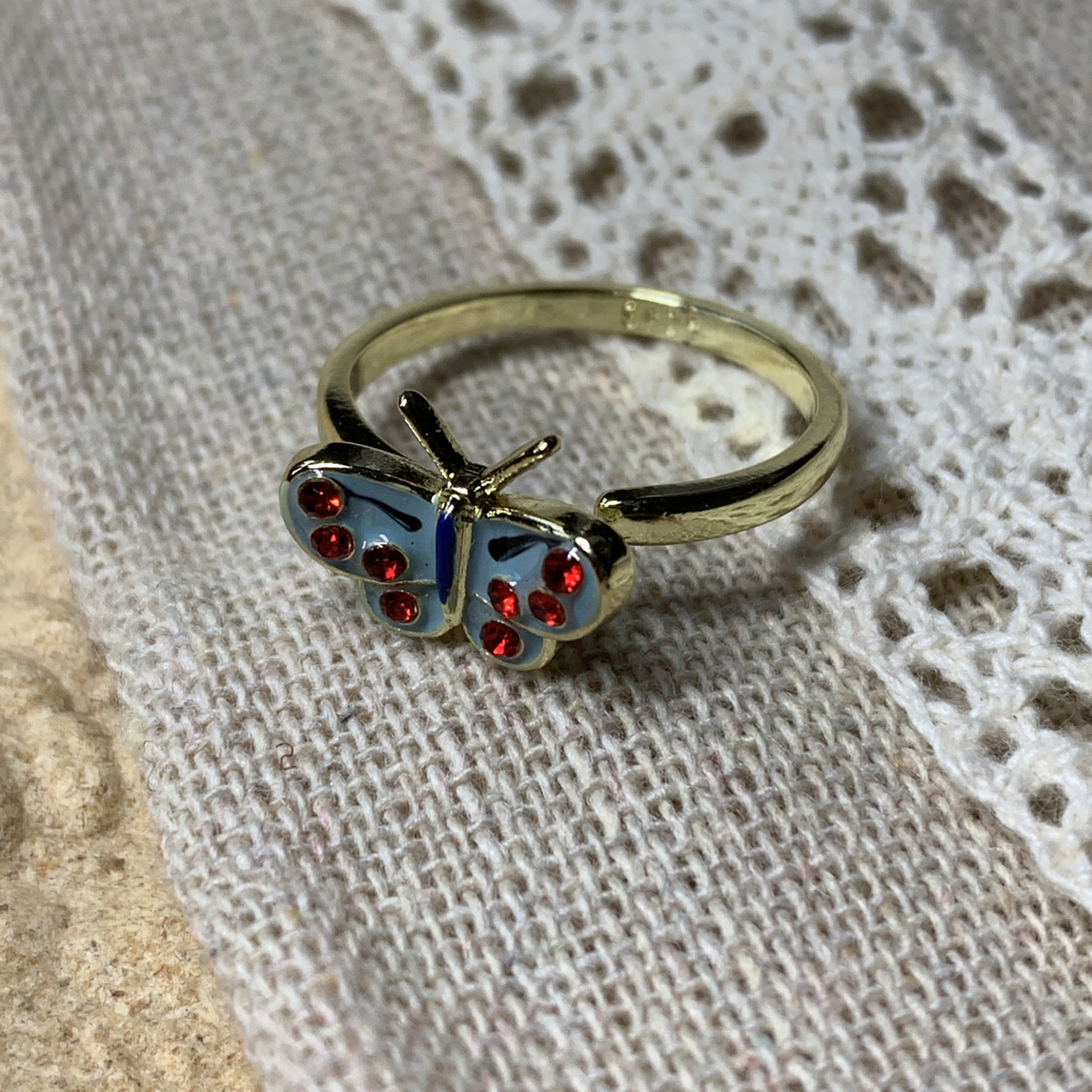 铜合金珐琅戒指 112/金色气质蓝蝴蝶女戒 可调节复古百搭