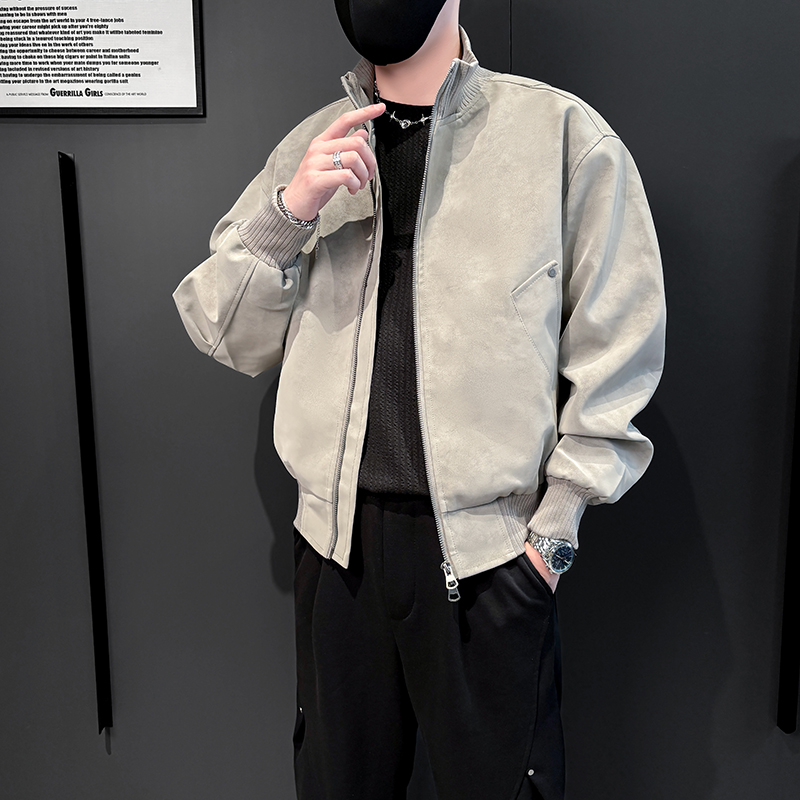 美式灰色立领扎染PU皮外套男款春秋季潮牌短款哈灵顿夹克男装褂子