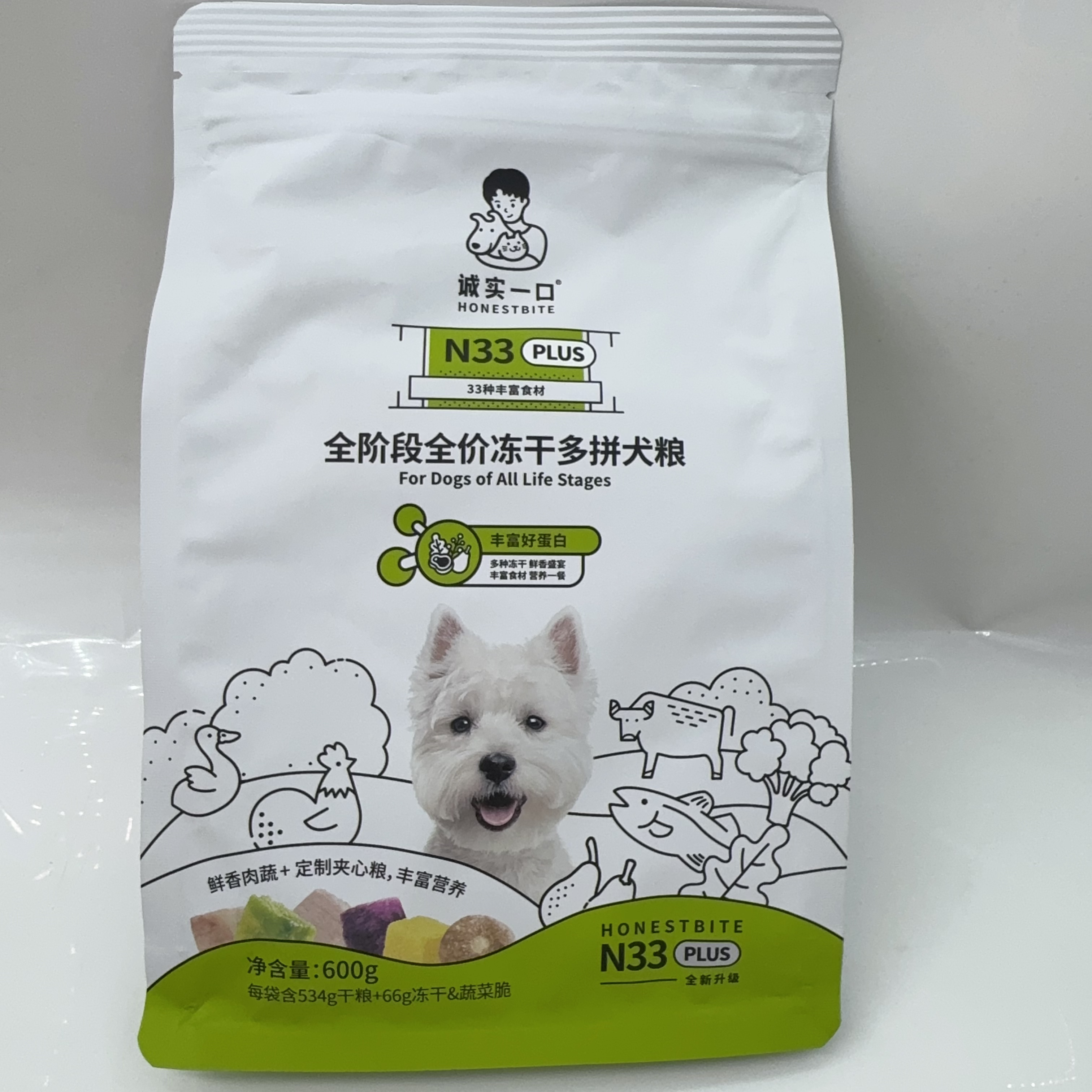 临期25年12月20日诚实一口N33 PLUS 全价冻干多拼狗粮600g