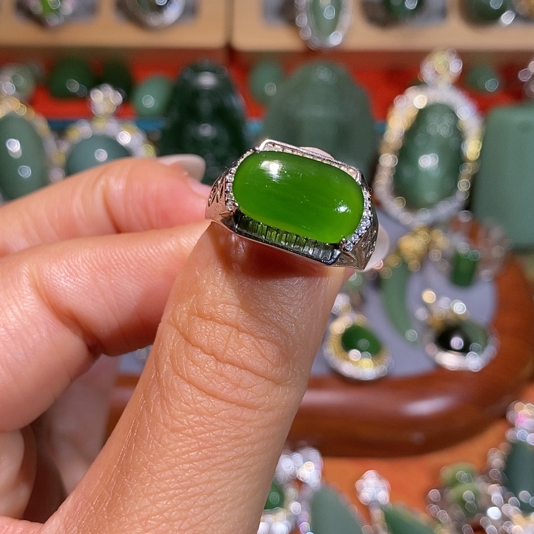 和田玉（碧玉）银S925镶嵌戒指