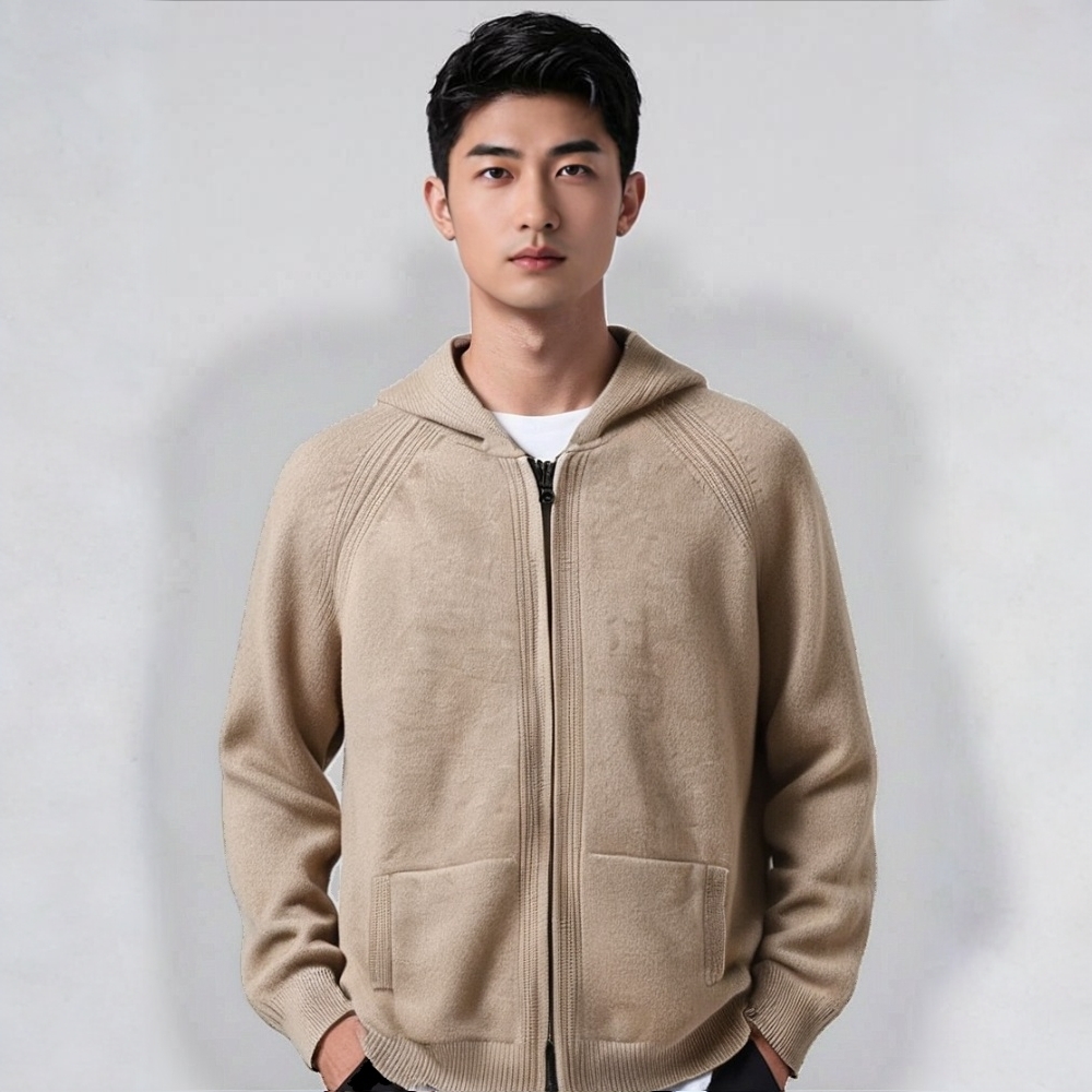 【秋冬上新】LP同款高端男士山羊绒七针双股加厚双拉头连帽带兜开衫