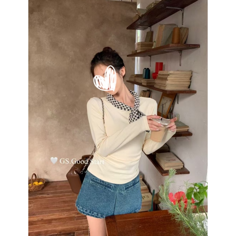 女心泛滥～早秋上新甜美减龄格子领结休闲小衫女