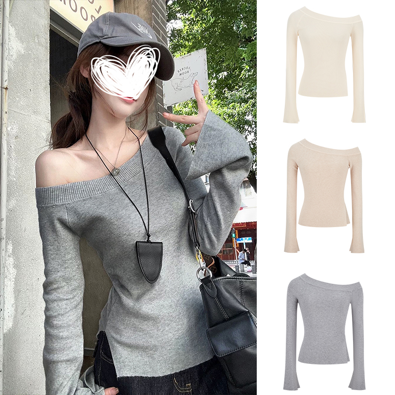 Moses Queen/魔西女王韩系不规则开叉斜肩针织衫女春露肩打底上衣