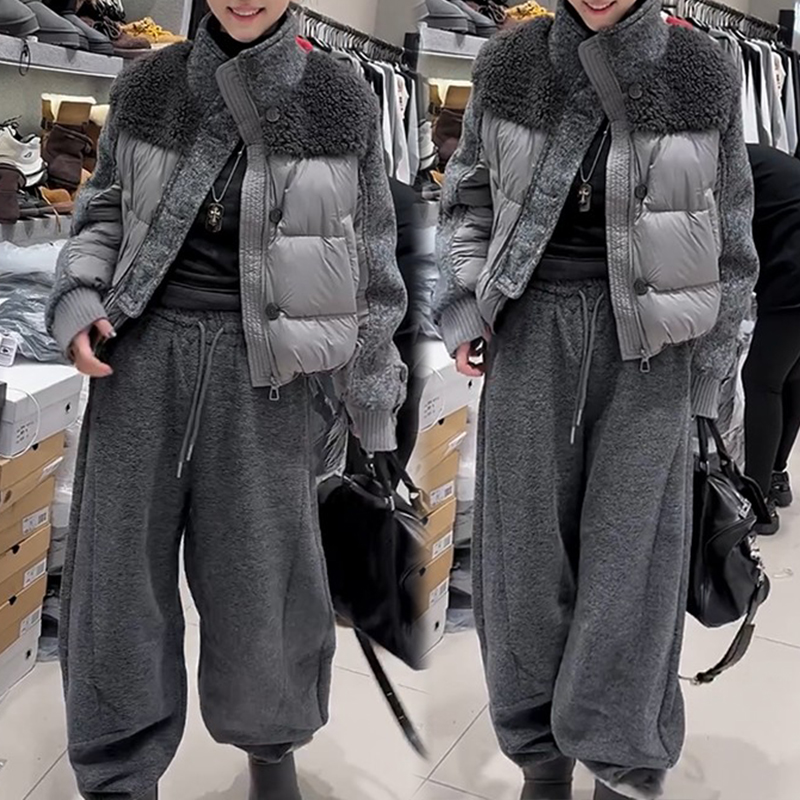 韩系设计感立领毛毛拼接针织袖棉服高腰阔腿裤女2025秋冬新款套装