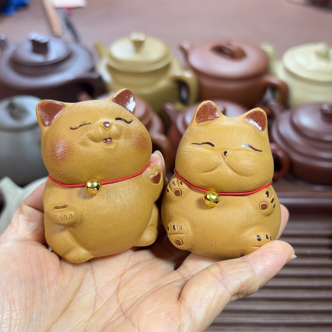 紫砂茶宠段泥 招财猫茶宠 一对