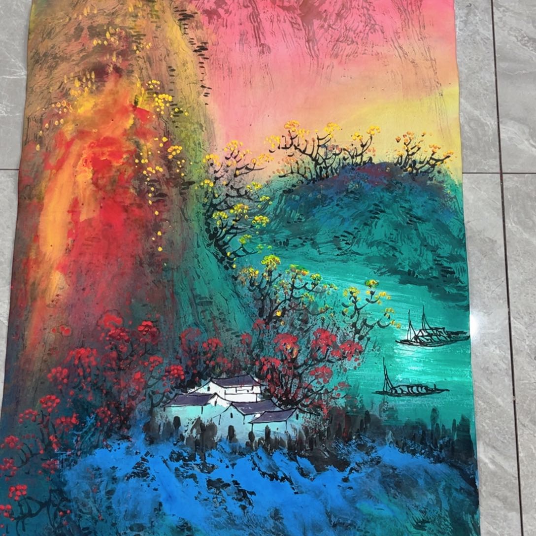 国画鸿运当头，红红火火，3开