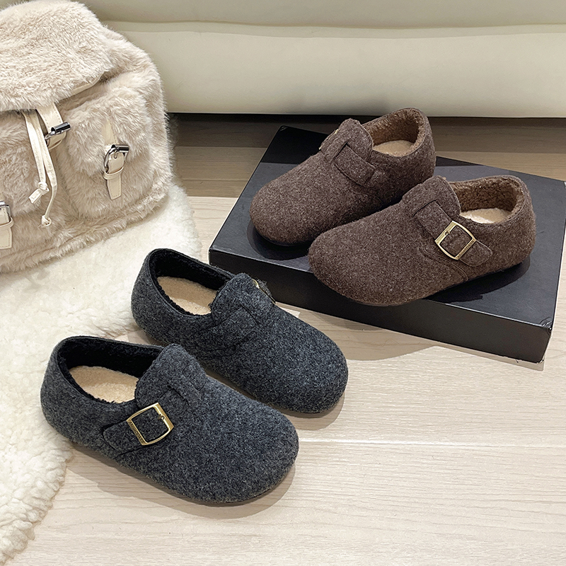 增高保暖森系平底鞋一脚蹬豆豆鞋女毛毛鞋秋冬加绒毛呢勃肯鞋网红