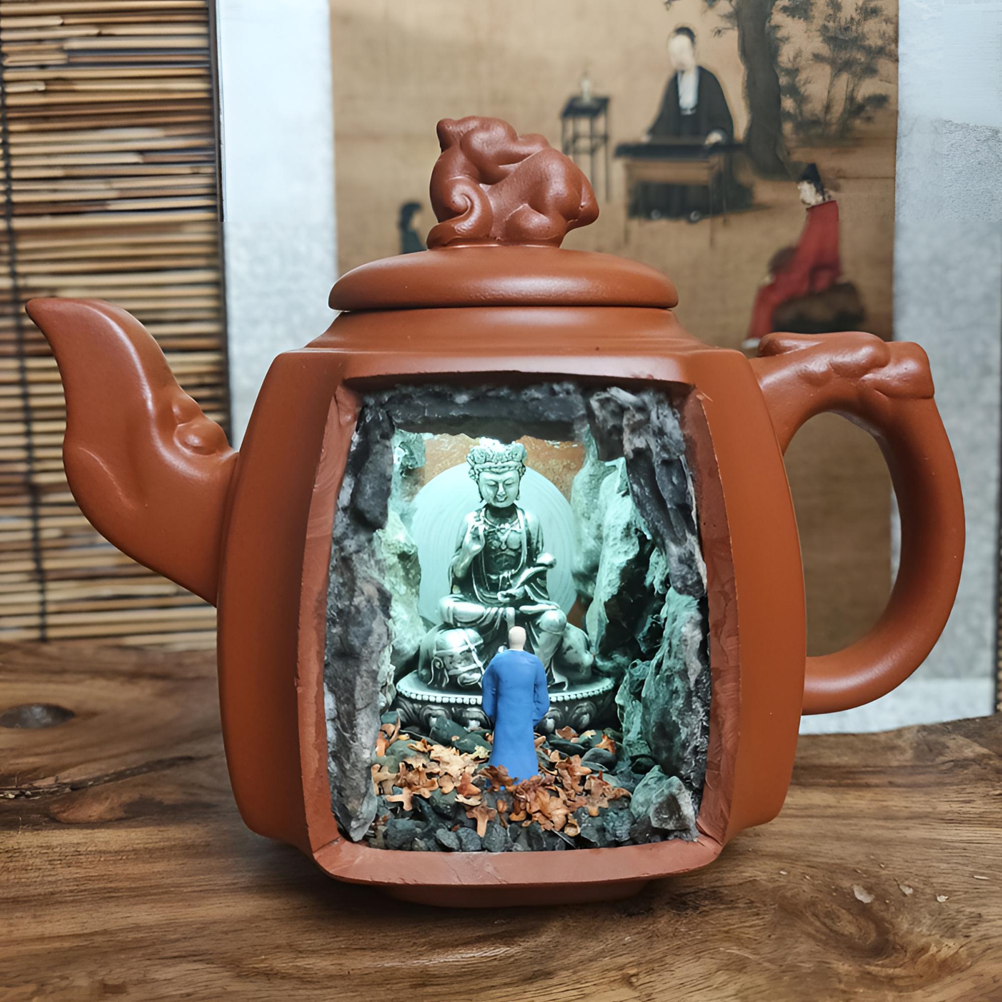 紫砂壶纯手工微景观礼品摆件普贤菩萨镀银高定版