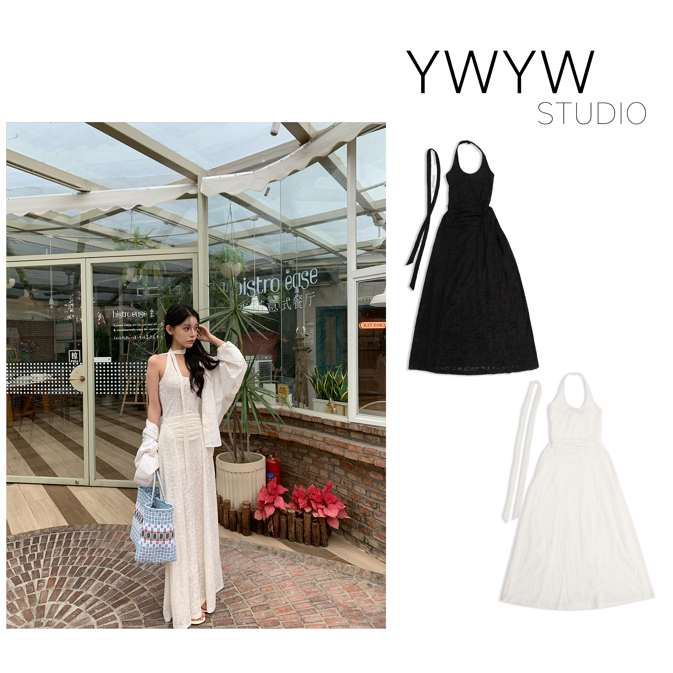 【YWYW25S/S】春夏”针织提花“压褶收腰挂脖配饰飘带连衣长裙3960