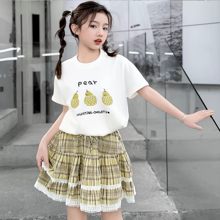 【断码清货】2025夏洋气水果梨印花格子短裙套装 D580 580