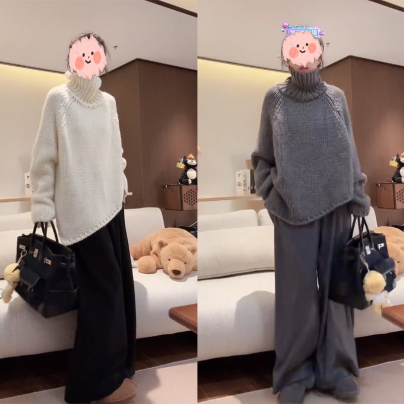 不规则粗棒针宽松防风高领针织衫温柔休闲毛衣+松弛阔腿九分裤女