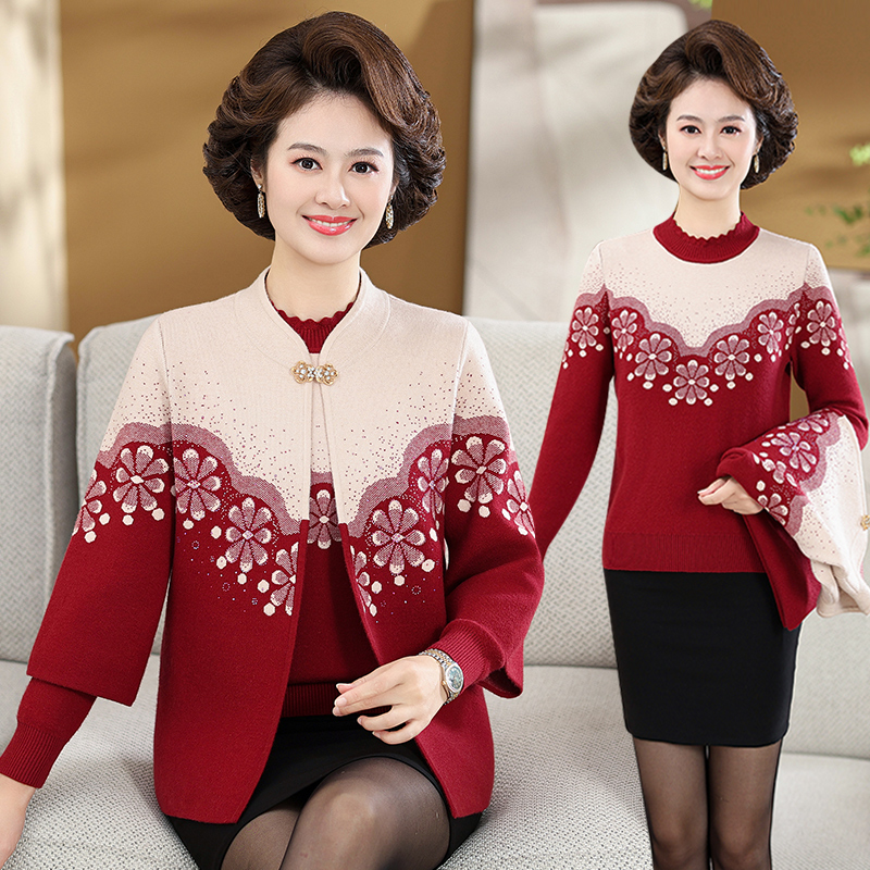 新款中老年人女装秋冬加绒毛衣外套洋气妈妈装针织保暖两件套001