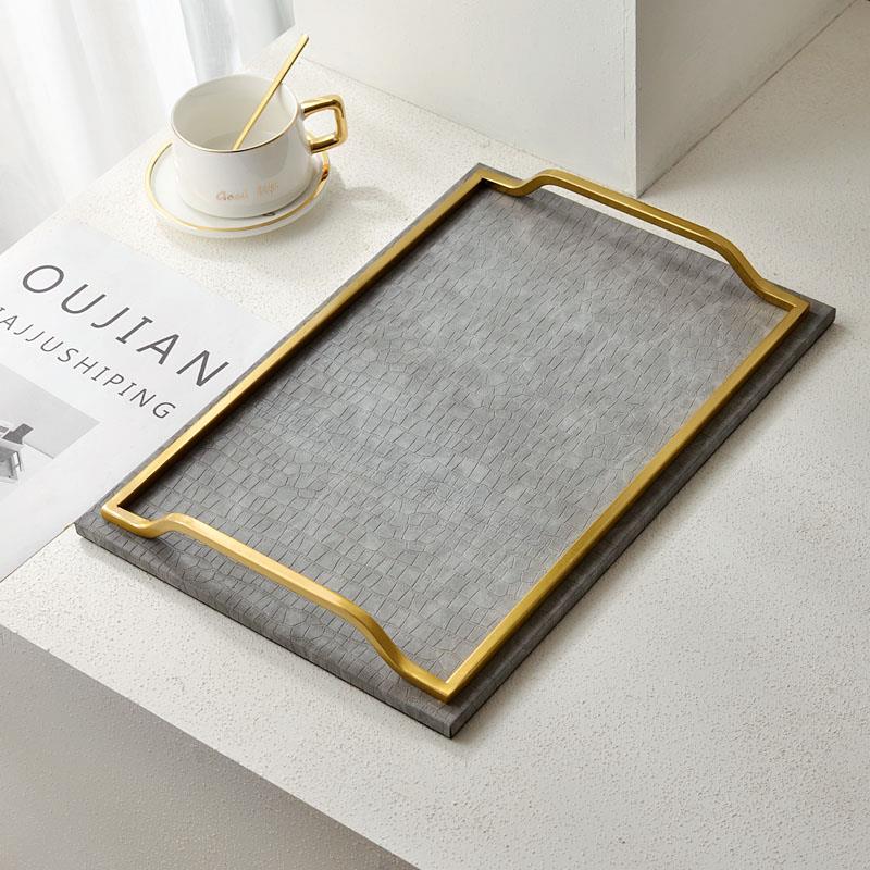 托盘北欧轻奢ins风家用样板间茶杯盘金色长方形皮质水杯收纳茶盘