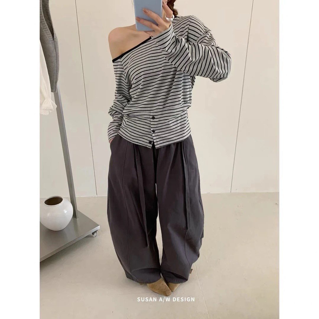 纯欲风法式条纹长袖斜领风格T恤修身显瘦露肩秋季