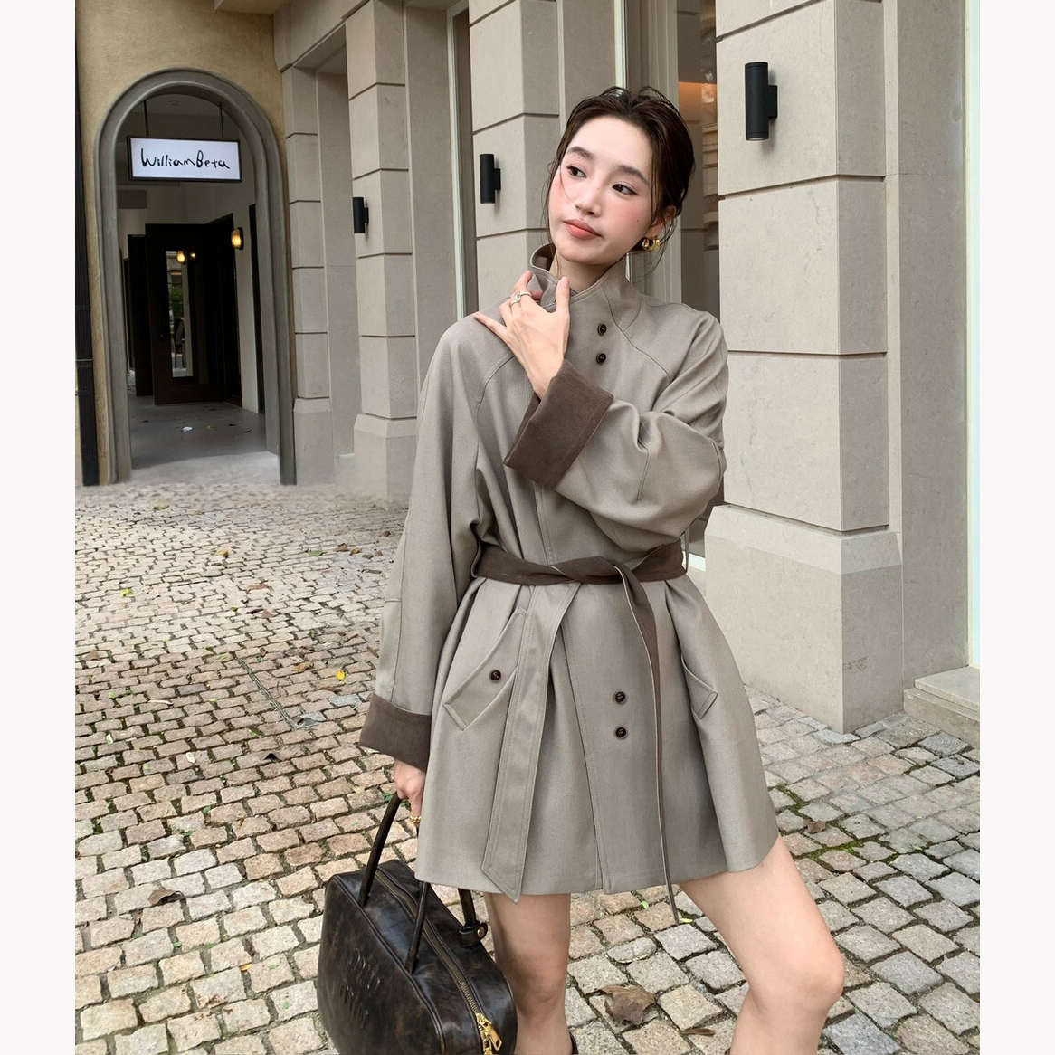 立领秋冬中长款插肩袖风衣袖型宽松小个子宽松型纯色外套气质百搭