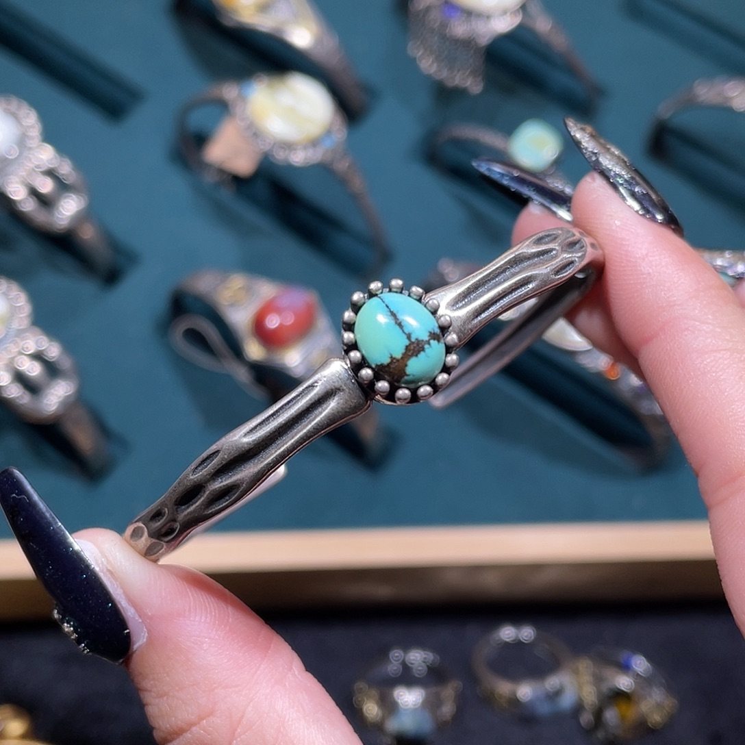 招***羊绿松石银S925镶嵌手镯