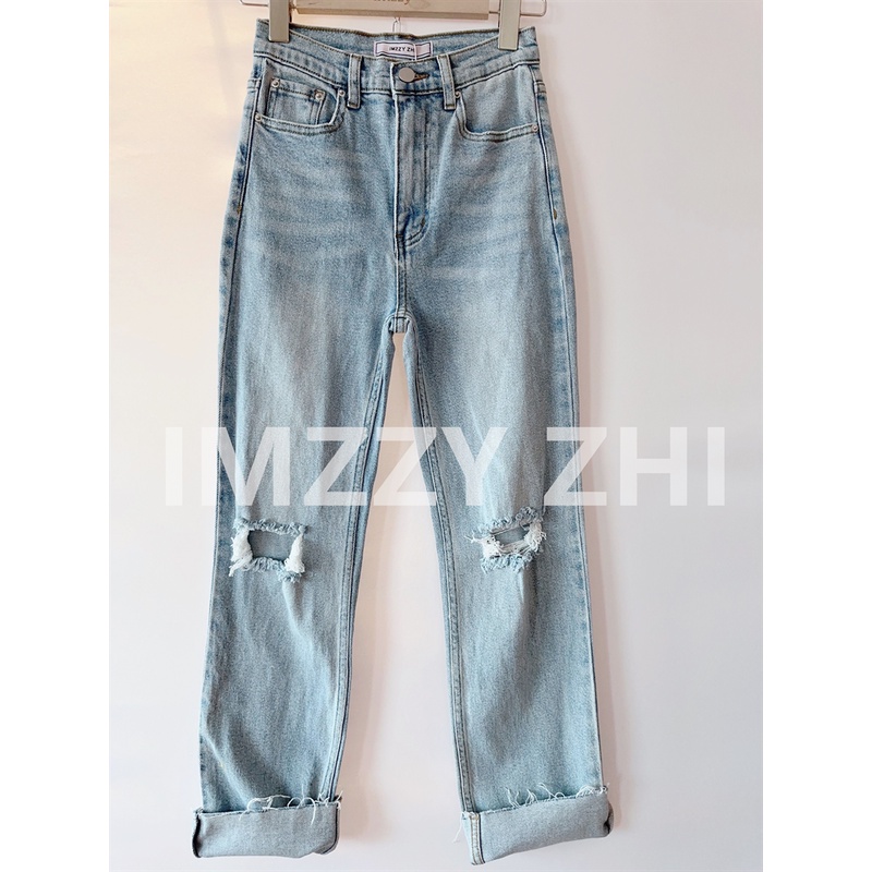 【张静芝】毛边裤腿割破设计感做旧水洗牛仔裤