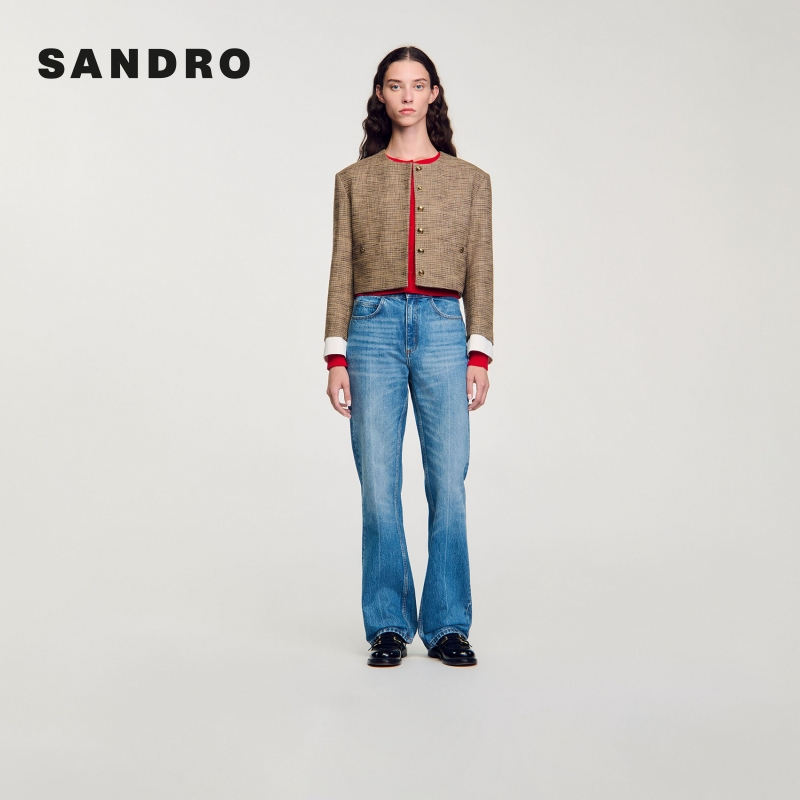SANDRO|新款女装巴恩风时尚格纹圆领短款长袖外套上衣SFPVE01065