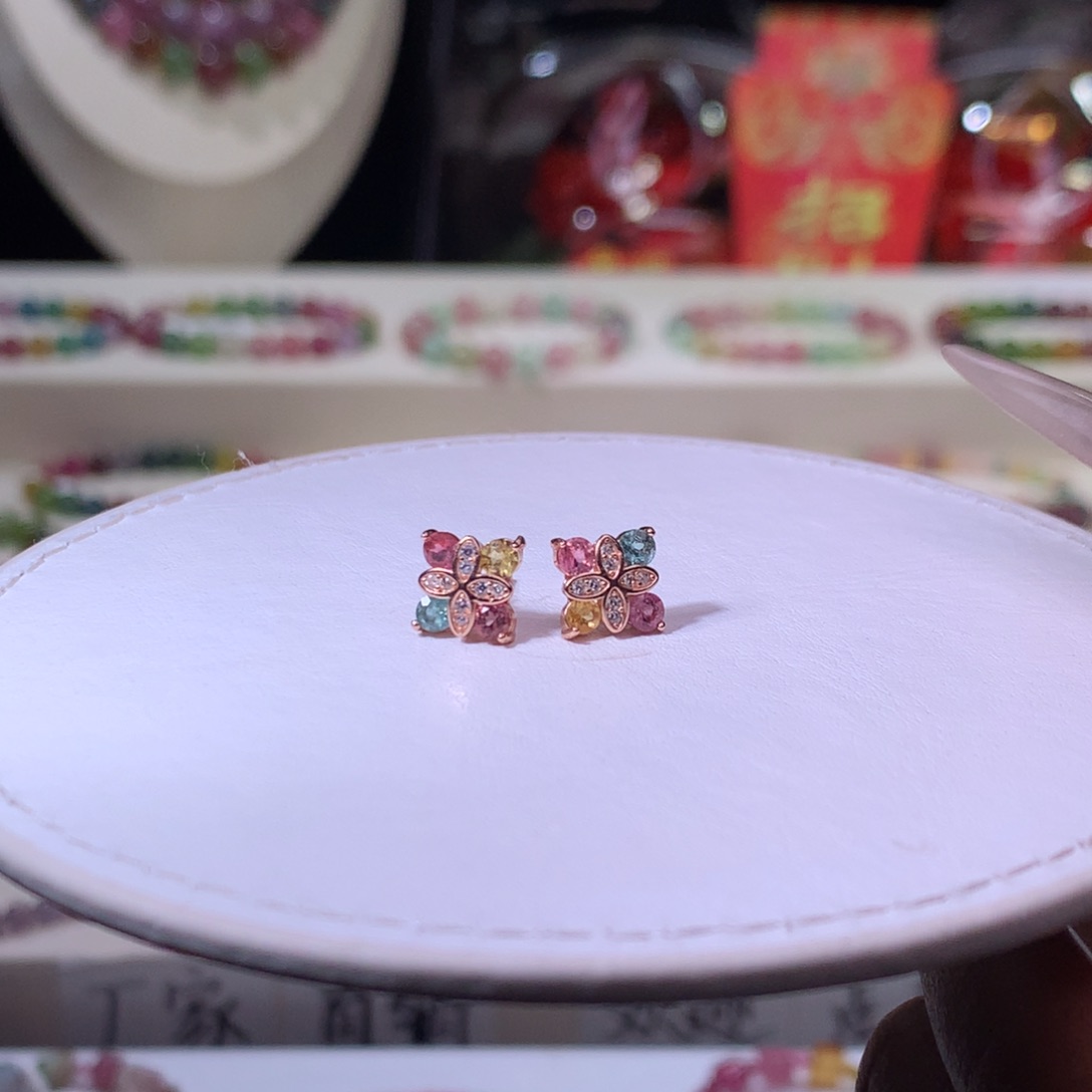 碧玺猫眼耳饰银S925镶嵌