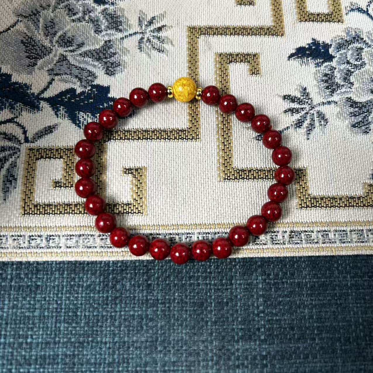 含辰砂工艺品精品设计晶体颗粒朱砂卡6mm搭配雄黄珠单圈手串