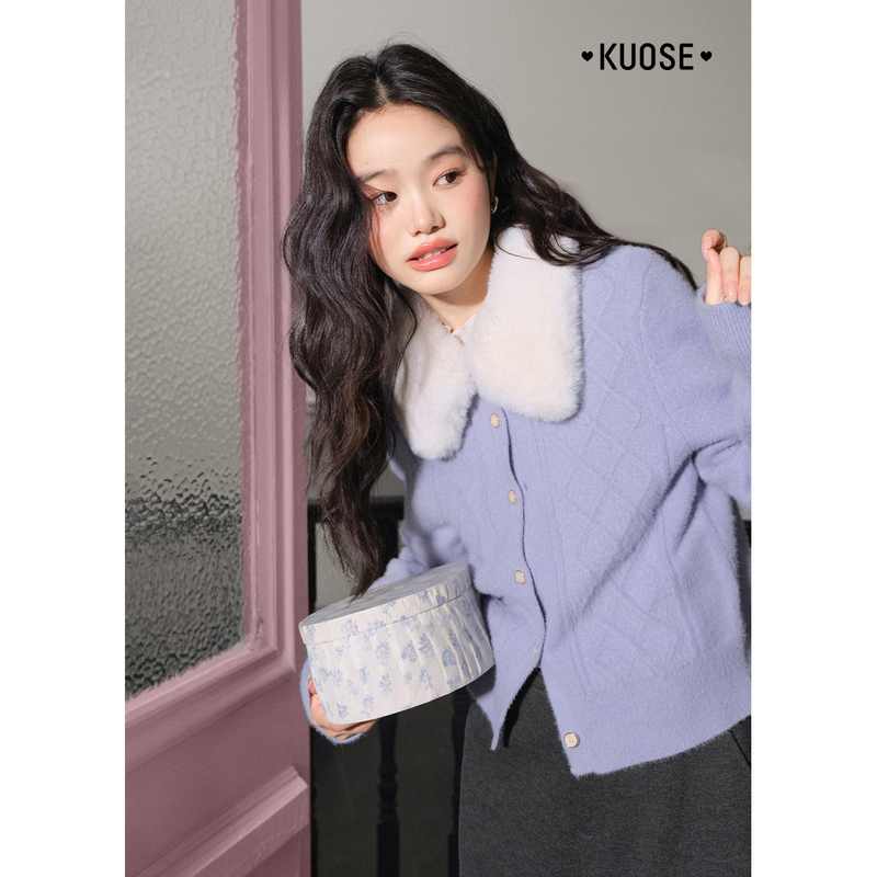 阔色毛领短款紫色开衫25秋冬新款女针织衫翻领气质上衣KSH2512021