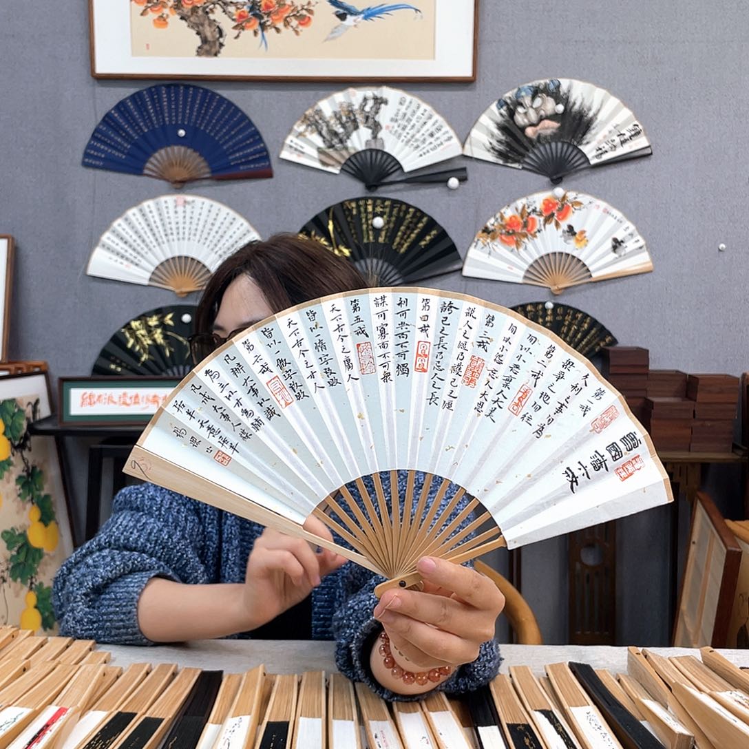 国画6寸玉竹-纯手绘-文玩扇骨（默认粘好）六戒