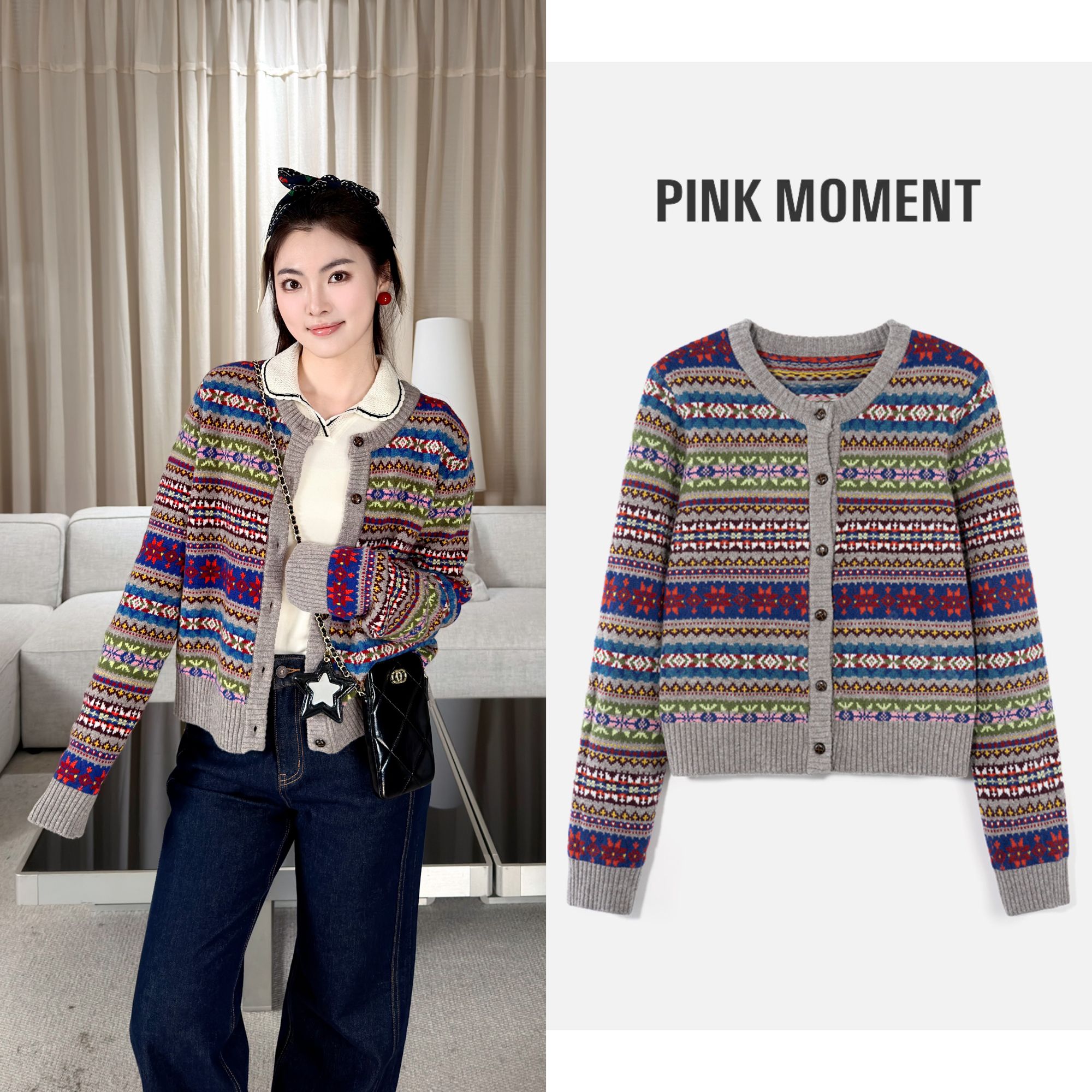 PM王囡囡 灰色羊毛费尔岛纽扣毛织外套 ND1D2151