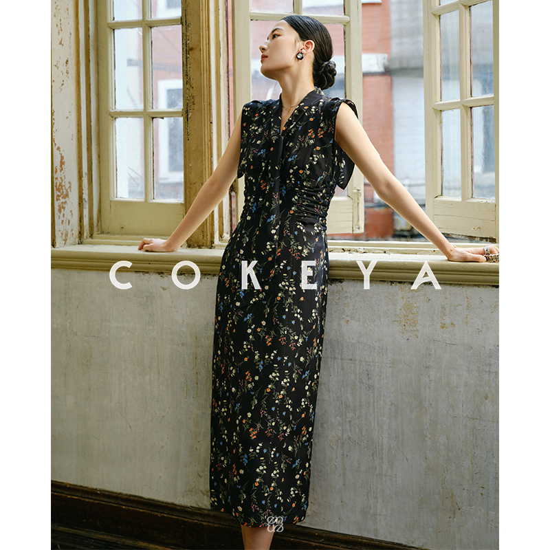 COKEYA/南法假日~京都传统印染水墨铃兰碎花小飞袖飘带高腰连衣裙