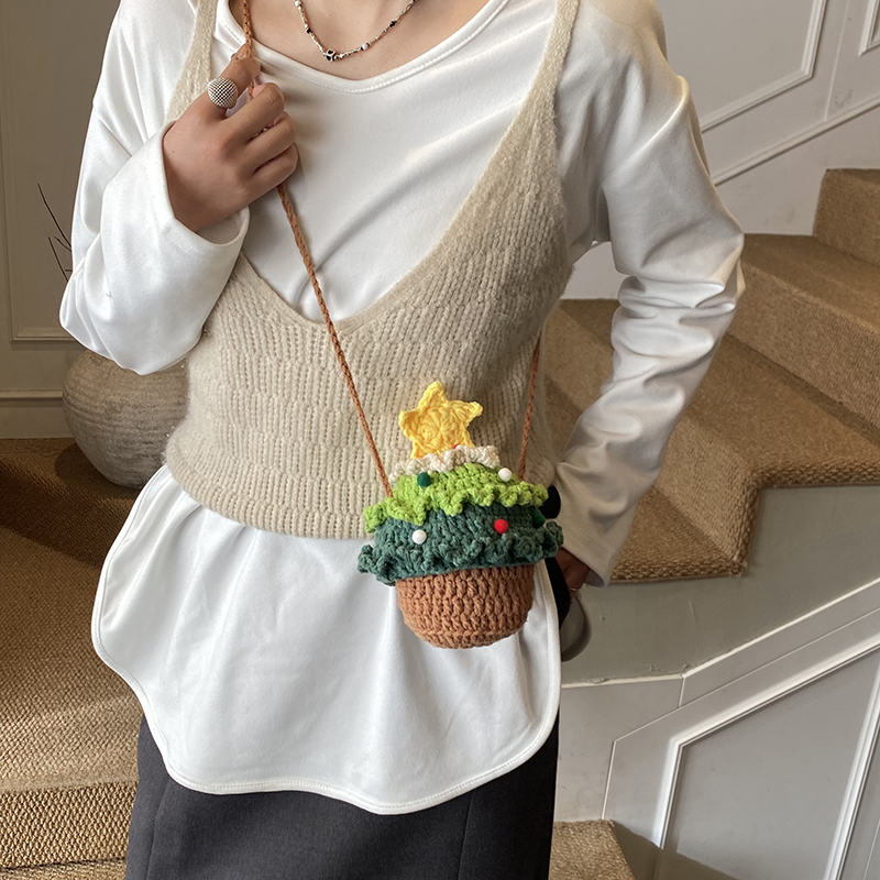 圣诞树小包儿童毛线编织单肩斜挎包迷你口红包稀奇古怪设计感包包