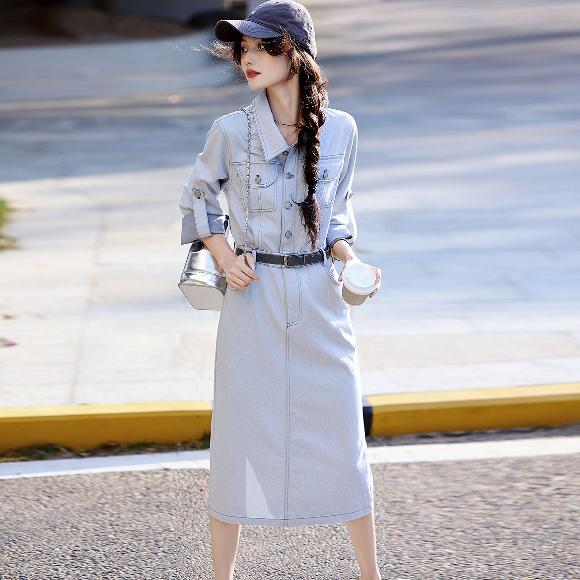 2.16早预告款春季新款工装风休闲气质长袖翻领连衣裙子  WWW3270