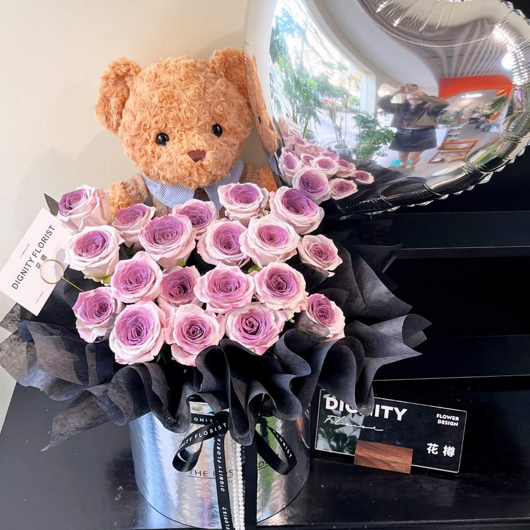 【爱的拥抱】19朵乌梅子酱卡布奇诺玫瑰鲜花复古小熊花束送生日礼物