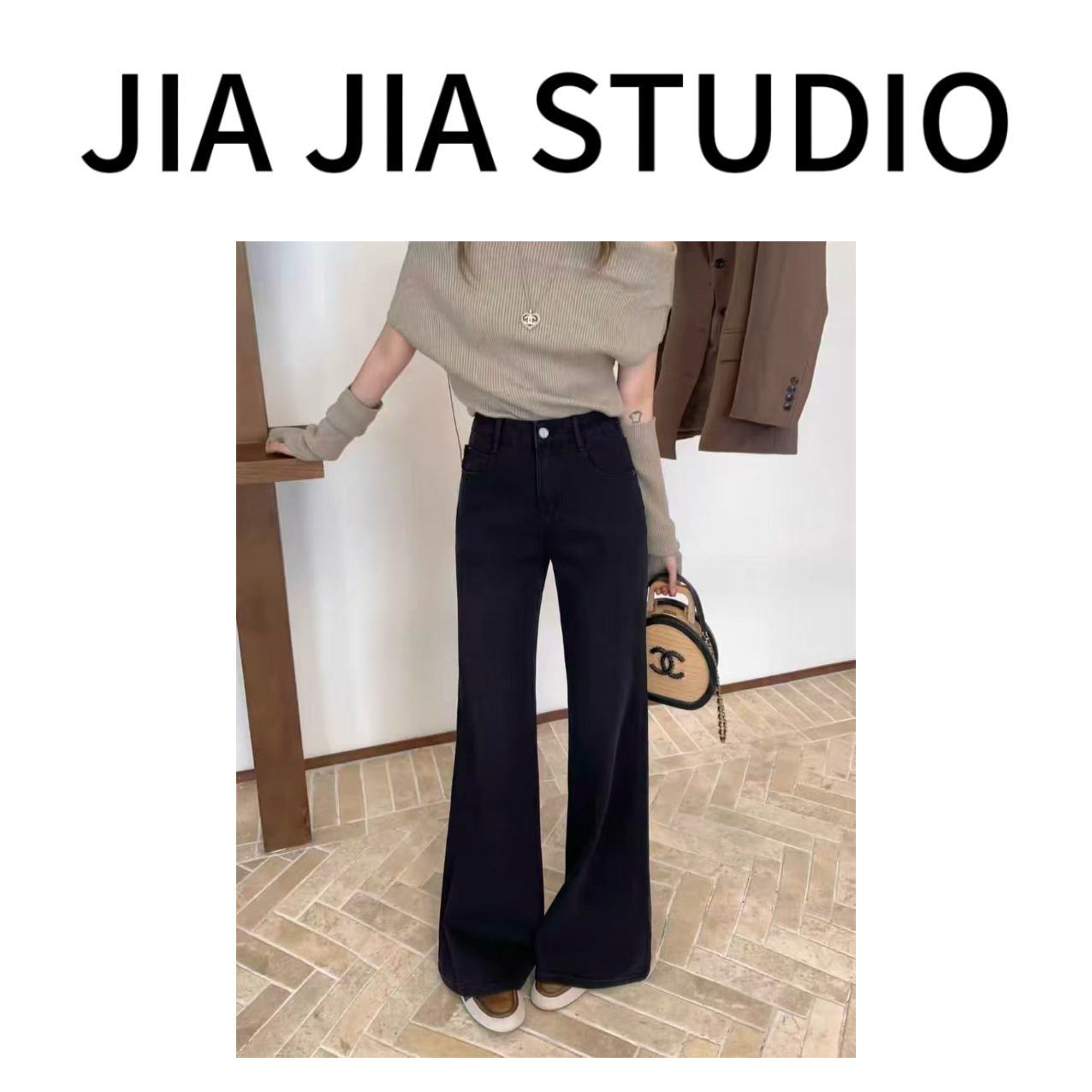 嘉嘉推荐#8902【冬季加绒加厚款】气质韩版高腰显瘦牛仔微喇裤