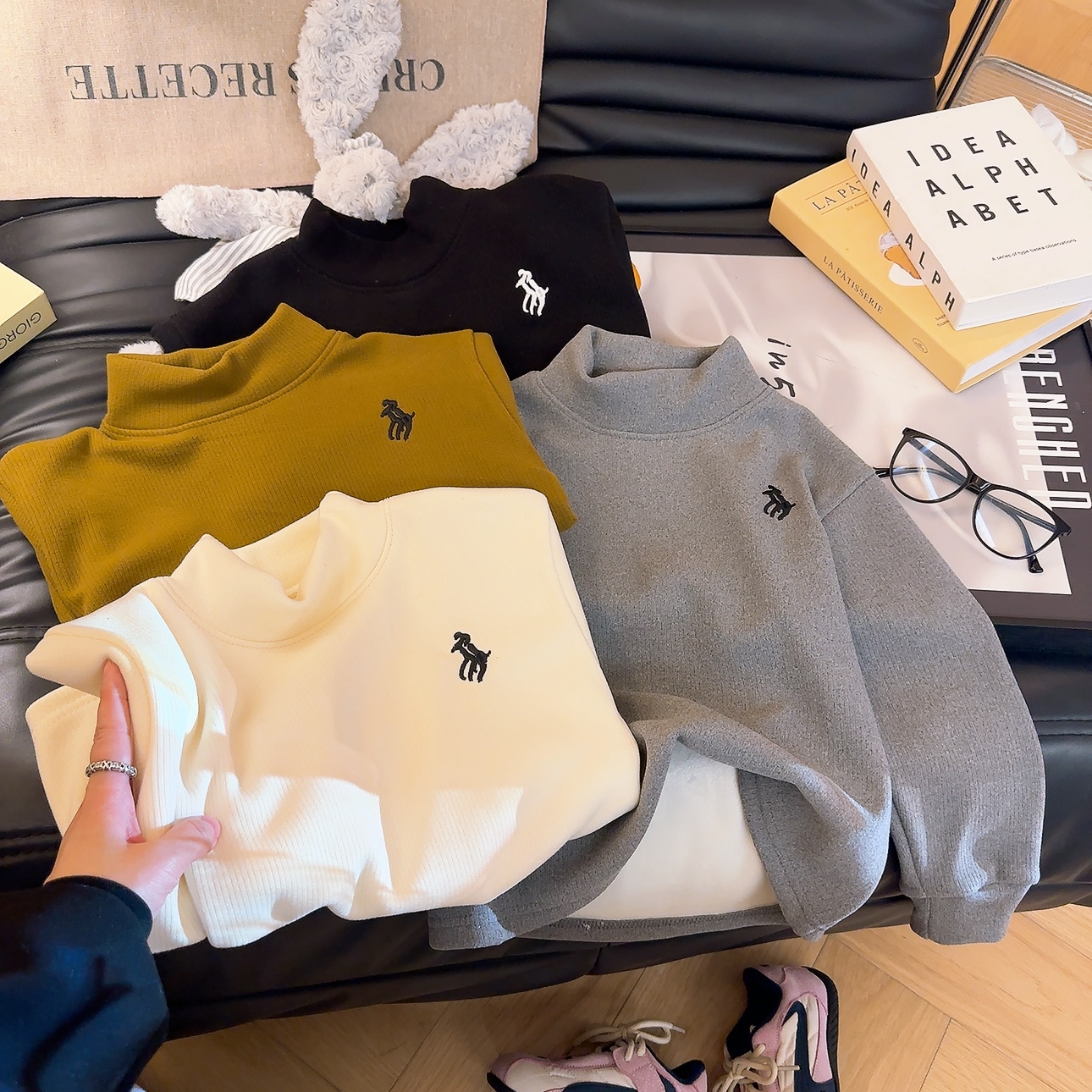 【580克高克重】韩版儿童加绒刺绣半高领打底衫长袖2025秋冬季新款