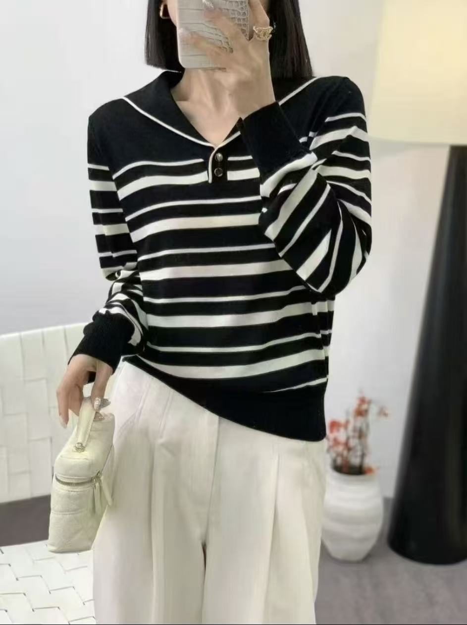 条纹针织衫女长袖春秋新款时尚洋气宽松休闲百搭翻领显瘦上衣外穿