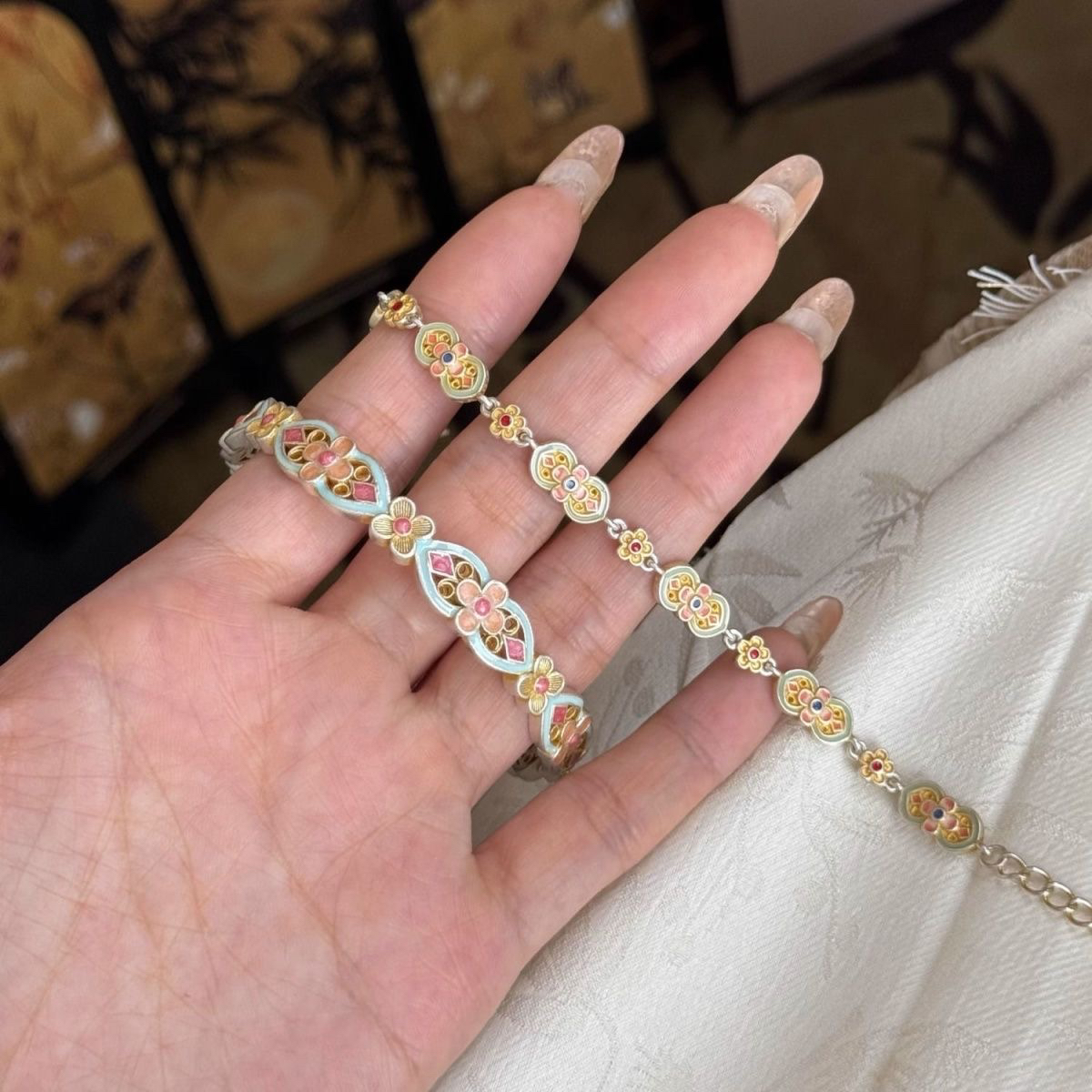 足银珐琅手链 72号描金珐琅花满筑手链