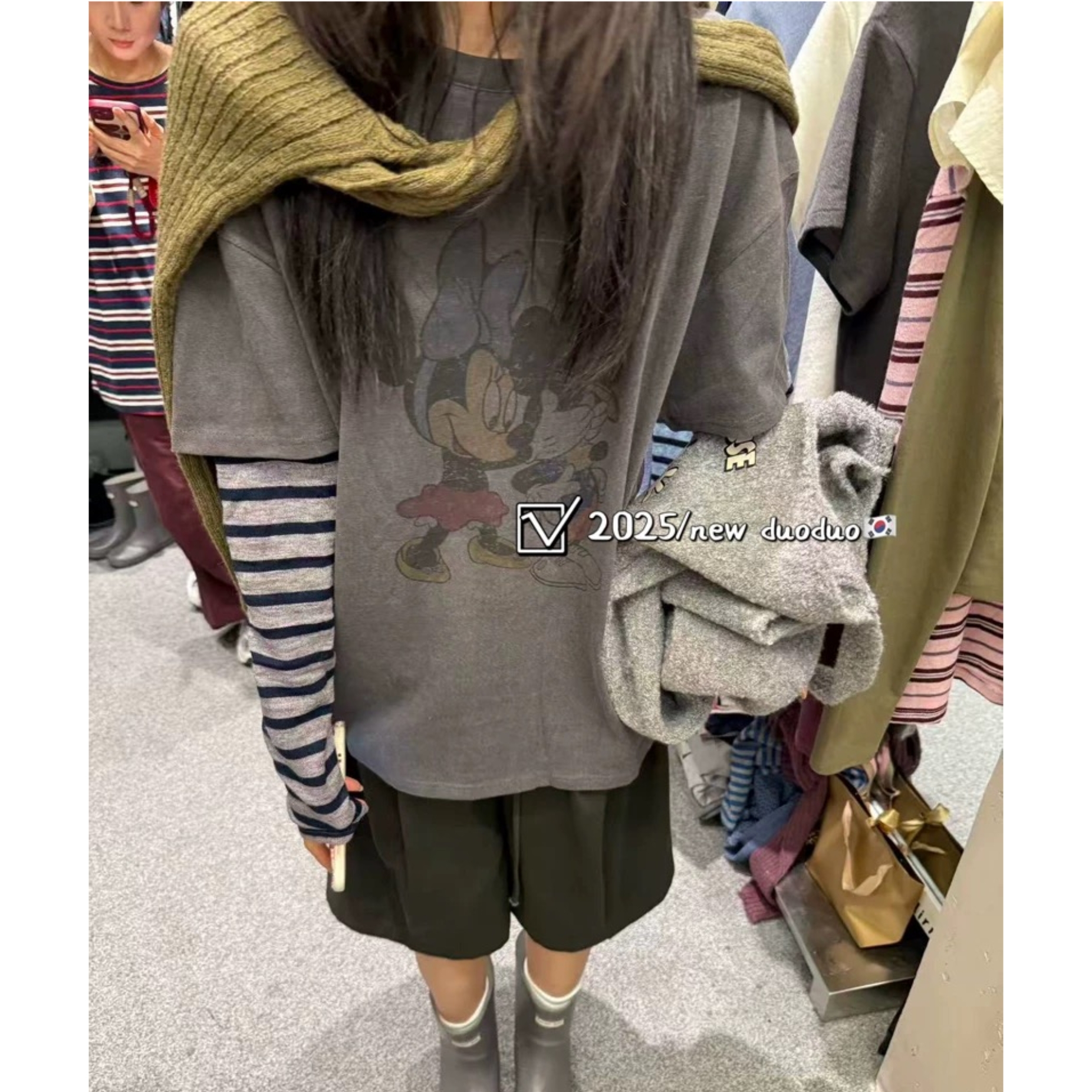 米奇拼接袖卡通图案条纹袖圆领T恤女假两件减龄宽松百搭长袖上衣