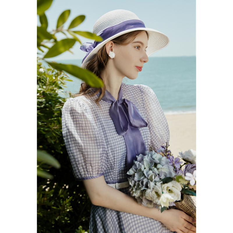 【欧莉专属】恩曼琳夏格纹腰带蝴蝶结系带泡泡袖连衣裙女EANCBB18