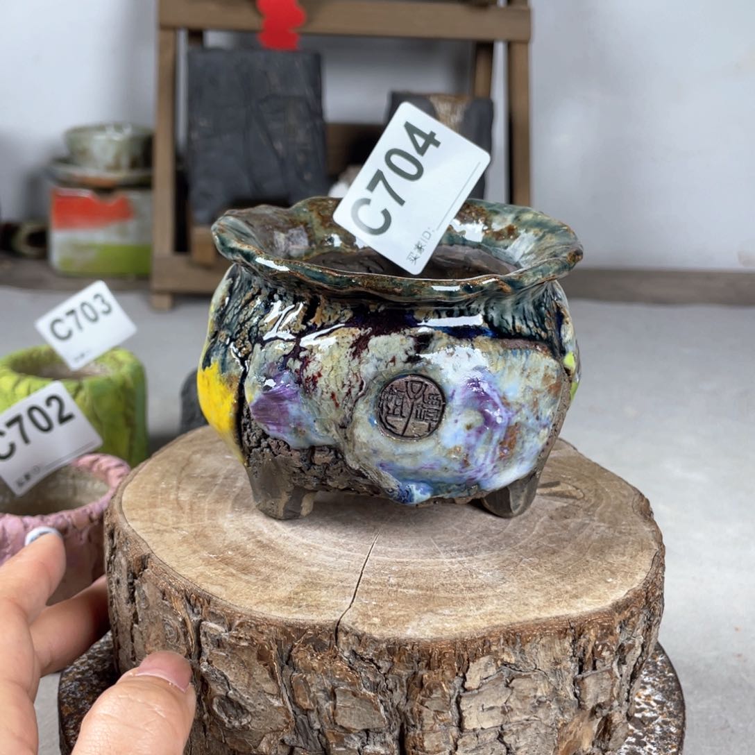 紫砂花盆孤品 不规则油画山石钱袋 外口9.5