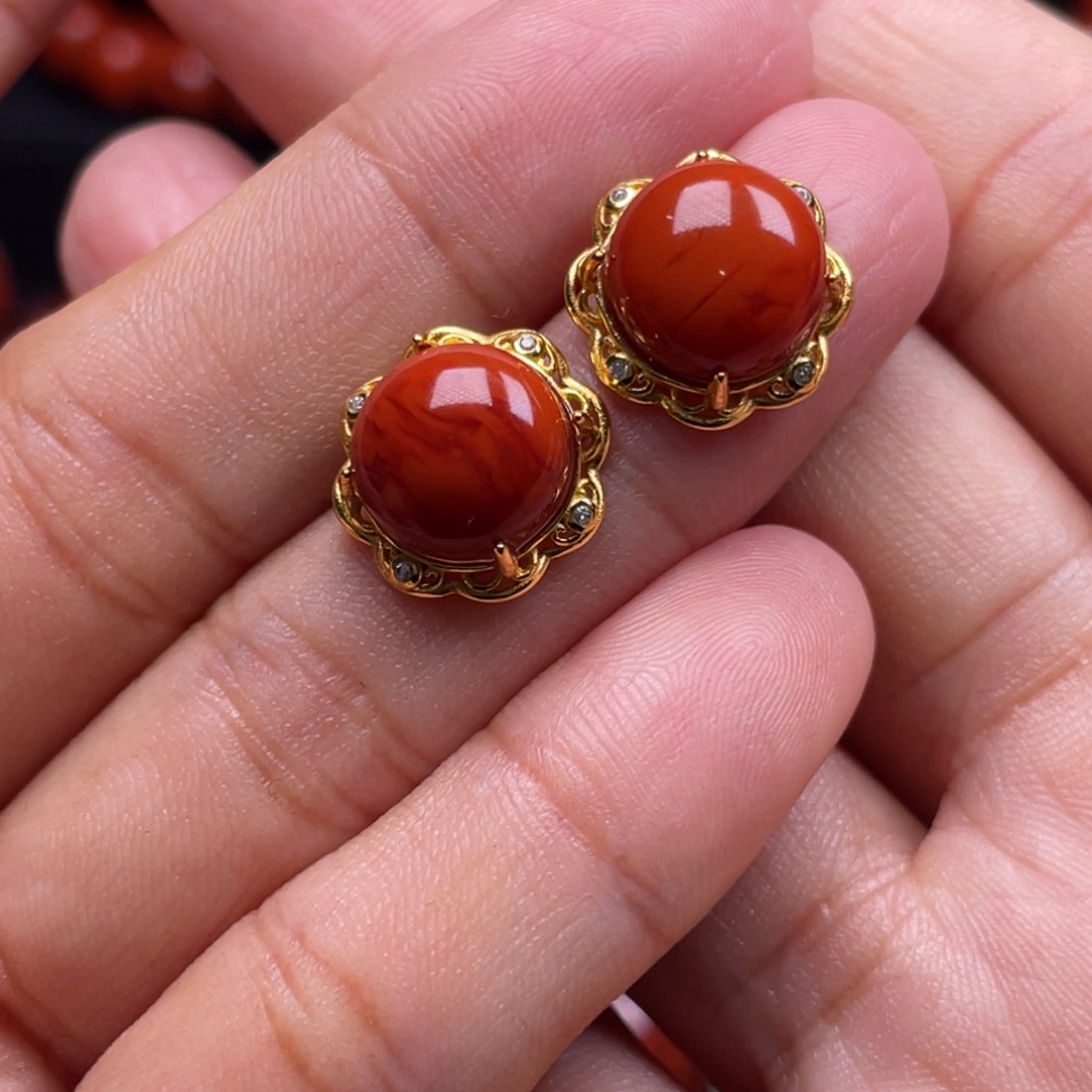 南红玛瑙珠宝奇石银S925镶嵌耳钉