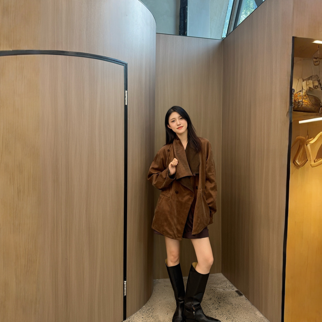 VIINS 新款高级小众老钱风馥郁黄棕中长款皮衣棕色秋外套女7328