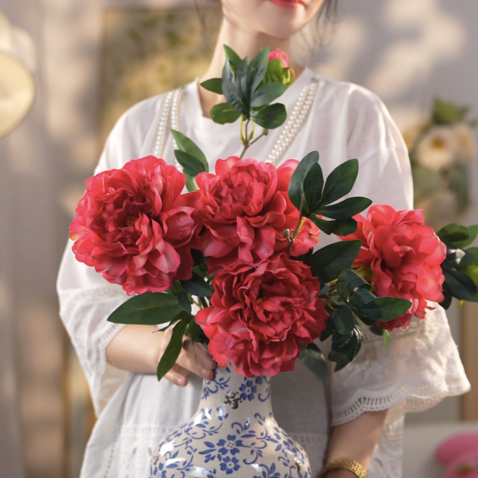 牡丹花 仿真 高级感玫红色大头牡丹富贵感老钱风牡丹假花客厅装饰